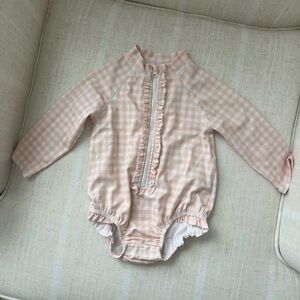 Janie and Jack Peach Gingham Ruffle Front Long-Sleeve One-Piece Swimsuit